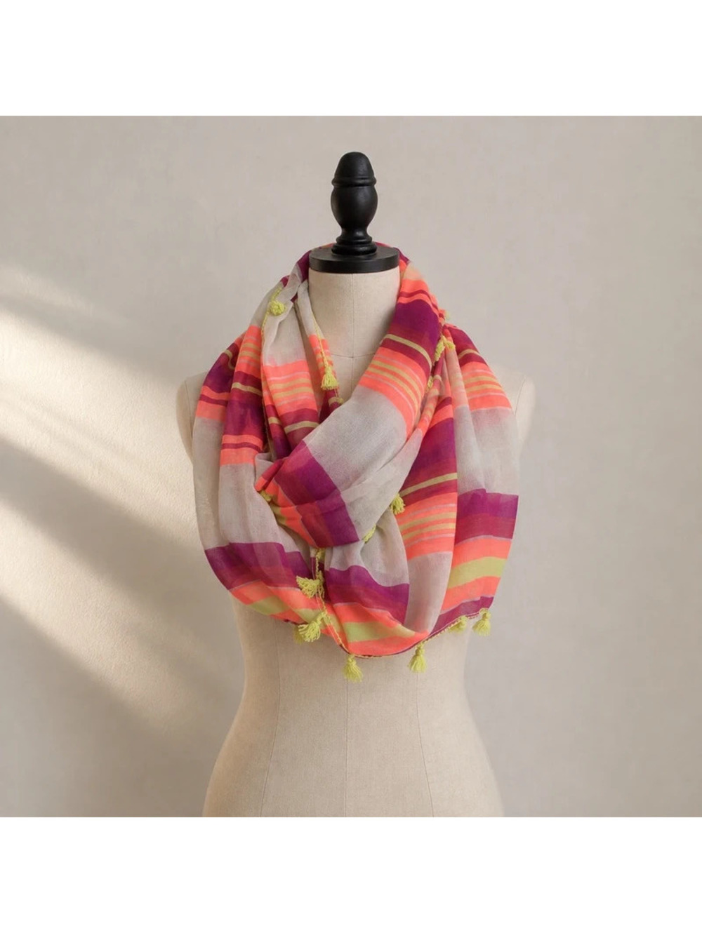 Colorful Striped Infinity Scarf Tassel Fringe Coral Purple Yellow Boho